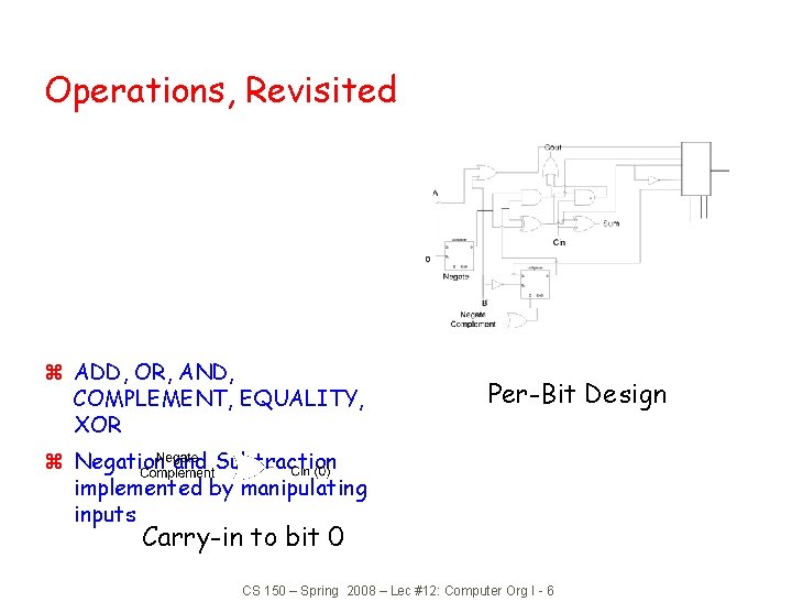 Operations, Revisited z ADD, OR, AND, COMPLEMENT, EQUALITY, XOR Per-Bit Design z Negation and