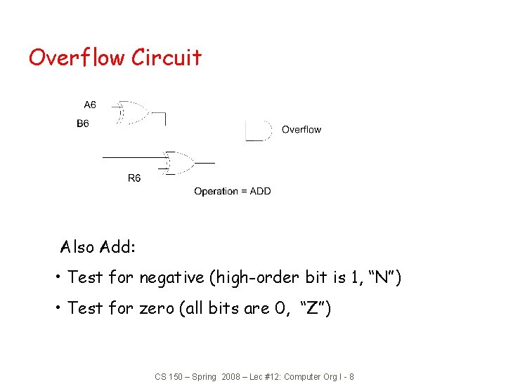 Overflow Circuit Also Add: • Test for negative (high-order bit is 1, “N”) •