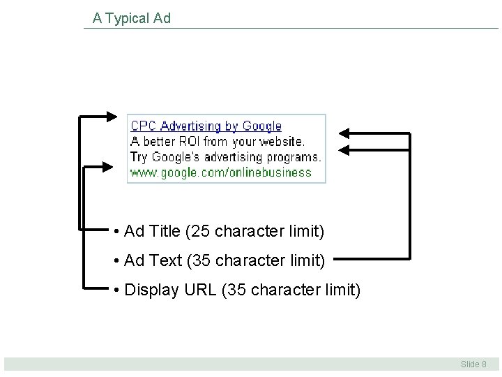 A Typical Ad • Ad Title (25 character limit) • Ad Text (35 character A Typical Ad • Ad Title (25 character limit) • Ad Text (35 character