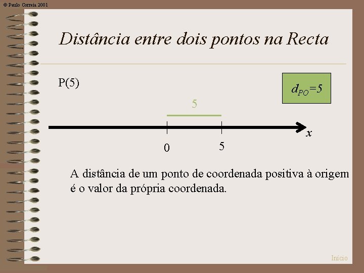 © Paulo Correia 2001 Distância entre dois pontos na Recta P(5) d. PO=5 5