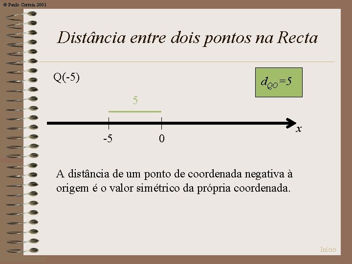 © Paulo Correia 2001 Distância entre dois pontos na Recta Q(-5) d. QO=5 5