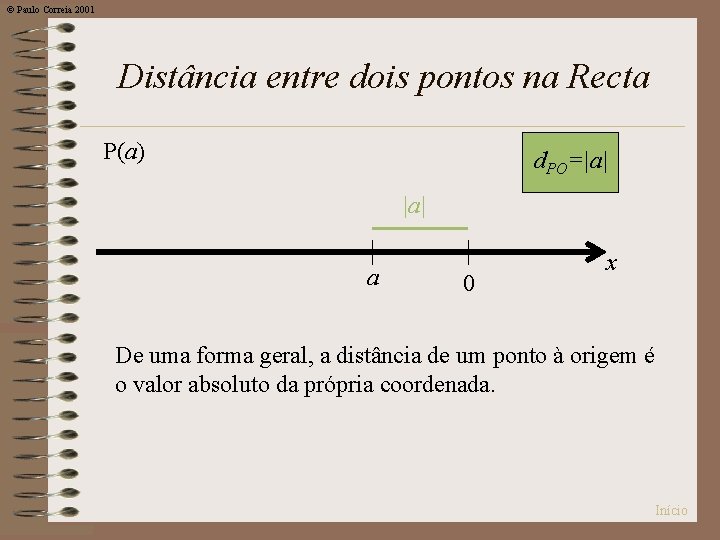 © Paulo Correia 2001 Distância entre dois pontos na Recta P(a) d. PO=|a| a