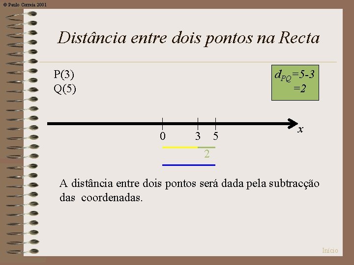 © Paulo Correia 2001 Distância entre dois pontos na Recta P(3) Q(5) d. PQ=5