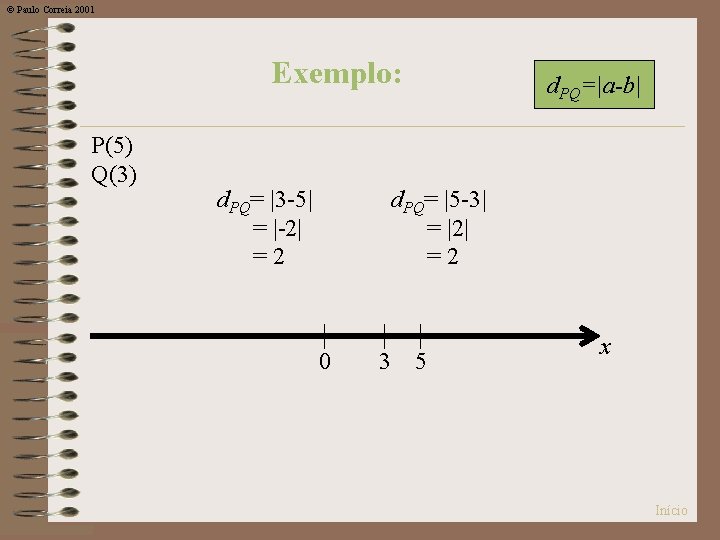 © Paulo Correia 2001 Exemplo: P(5) Q(3) d. PQ= |3 -5| = |-2| =2