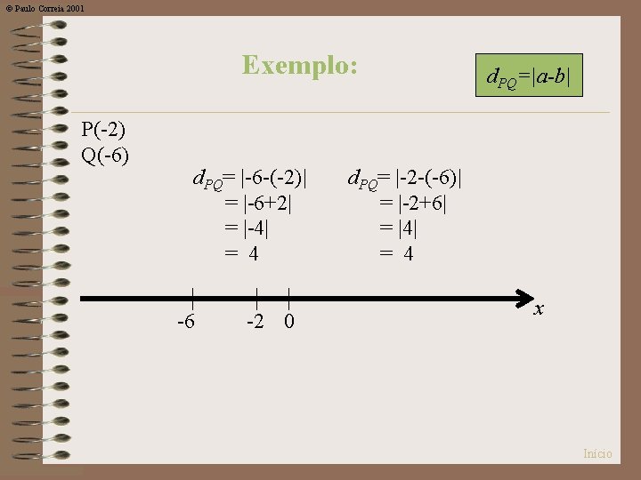 © Paulo Correia 2001 Exemplo: P(-2) Q(-6) d. PQ= |-6 -(-2)| = |-6+2| =