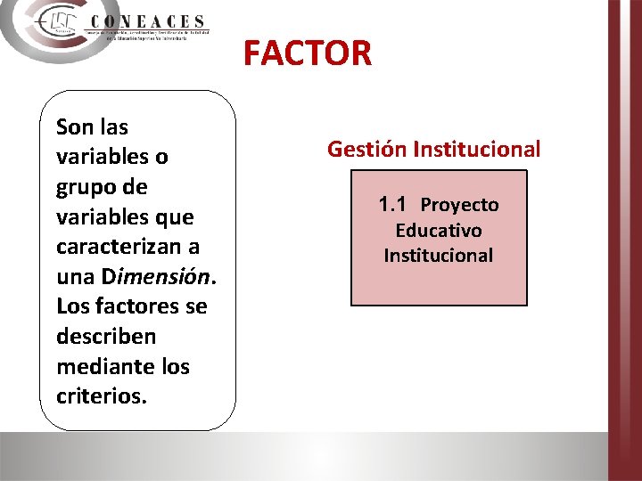 FACTOR Son las variables o grupo de variables que caracterizan a una Dimensión. Los