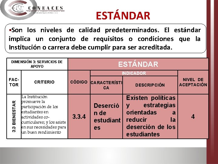 ESTÁNDAR §Son los niveles de calidad predeterminados. El estándar implica un conjunto de requisitos