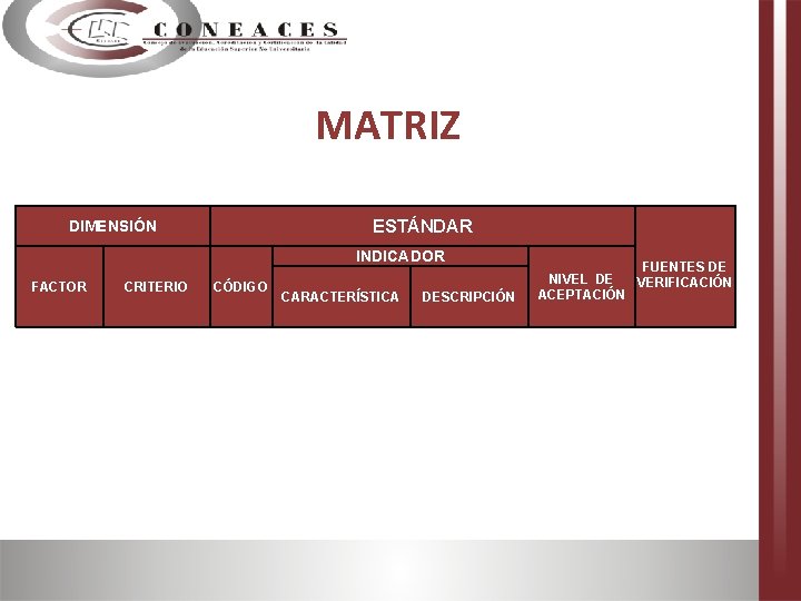 MATRIZ ESTÁNDAR DIMENSIÓN INDICADOR FACTOR CRITERIO CÓDIGO CARACTERÍSTICA DESCRIPCIÓN FUENTES DE NIVEL DE VERIFICACIÓN