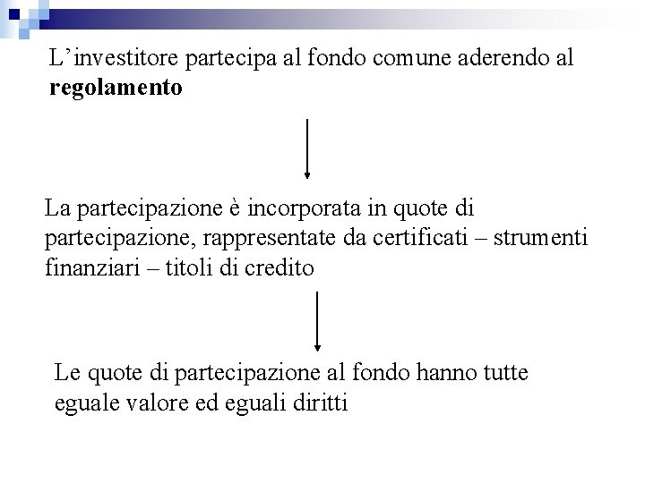 L’investitore partecipa al fondo comune aderendo al regolamento La partecipazione è incorporata in quote