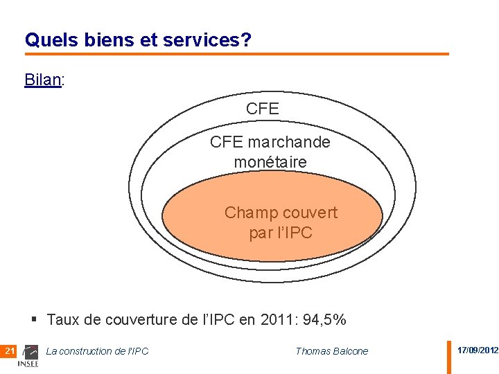 Quels biens et services? Bilan: CFE marchande monétaire Champ couvert par l’IPC § Taux