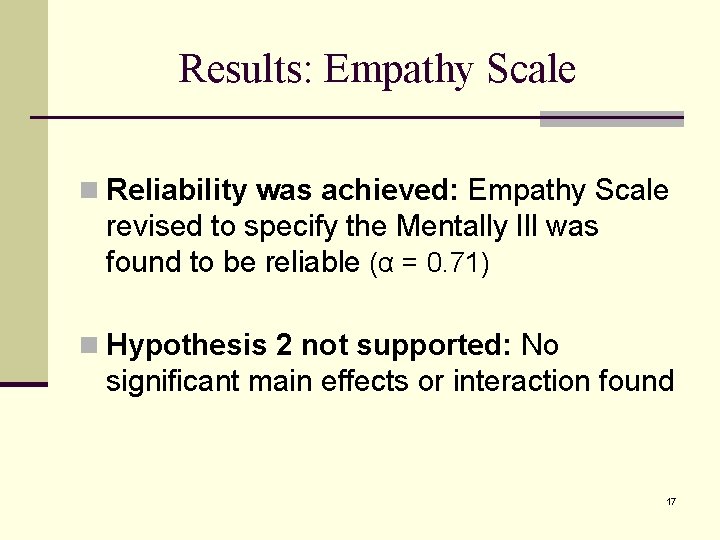 Results: Empathy Scale n Reliability was achieved: Empathy Scale revised to specify the Mentally