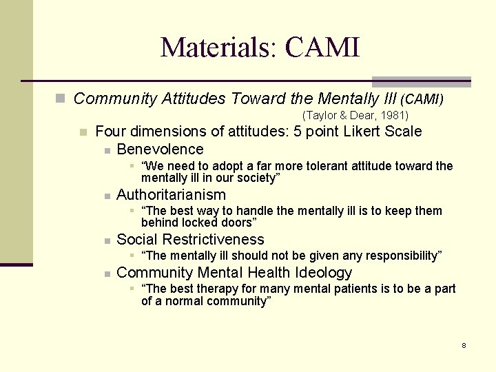 Materials: CAMI n Community Attitudes Toward the Mentally Ill (CAMI) (Taylor & Dear, 1981)