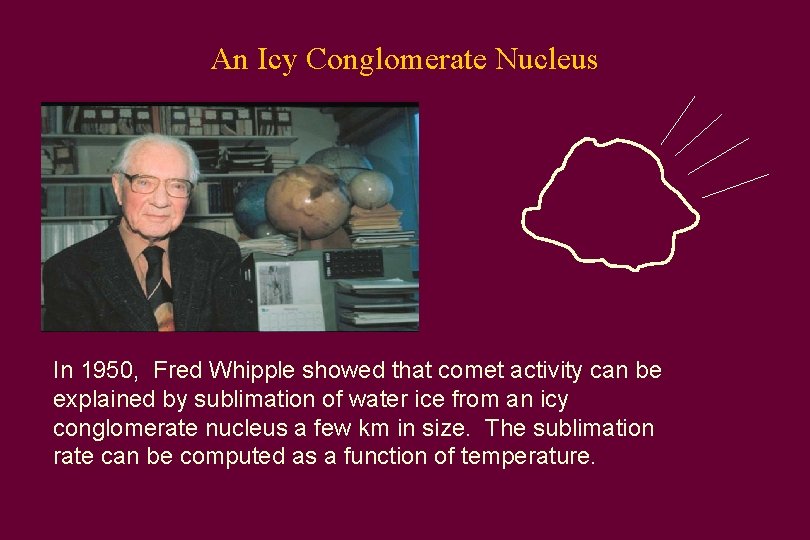 An Icy Conglomerate Nucleus In 1950, Fred Whipple showed that comet activity can be