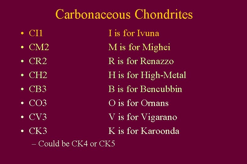 Carbonaceous Chondrites • • CI 1 CM 2 CR 2 CH 2 CB 3