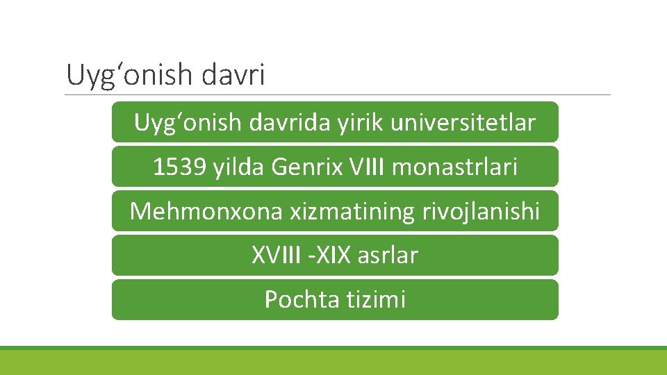 Uyg‘onish davrida yirik universitetlar 1539 yilda Genrix VIII monastrlari Mehmonxona xizmatining rivojlanishi XVIII -XIX