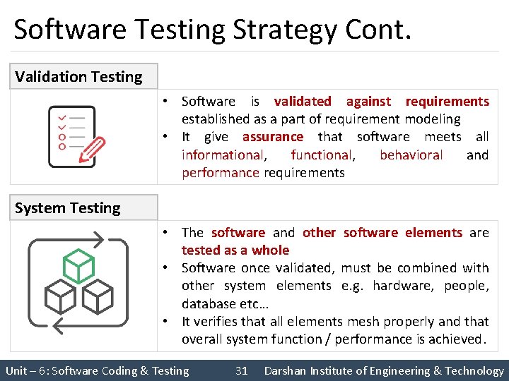 Software Testing Strategy Cont. Validation Testing • Software is validated against requirements established as