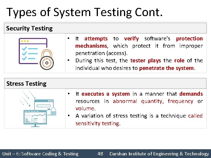 Types of System Testing Cont. Security Testing • It attempts to verify software’s protection