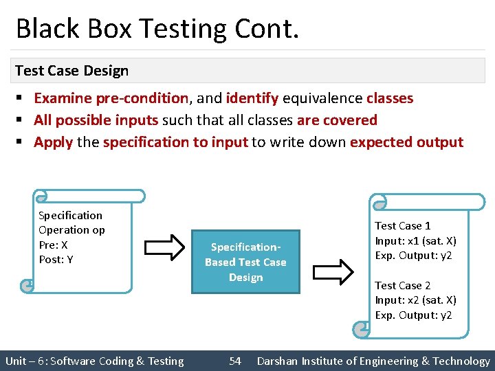 Black Box Testing Cont. Test Case Design § Examine pre-condition, and identify equivalence classes