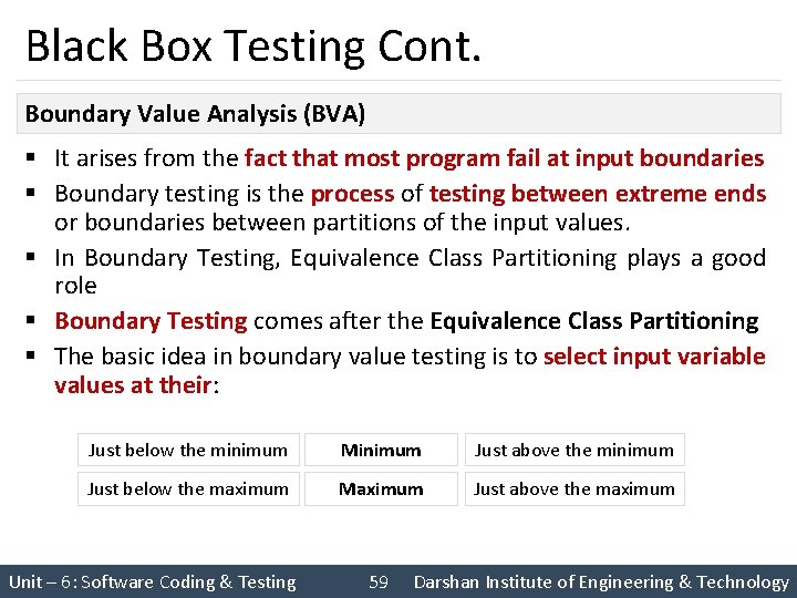 Black Box Testing Cont. Boundary Value Analysis (BVA) § It arises from the fact