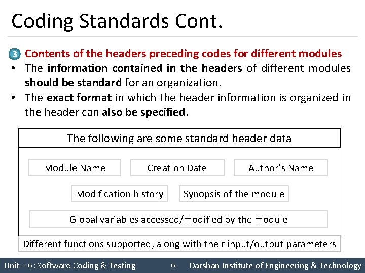 Coding Standards Contents of the headers preceding codes for different modules • The information