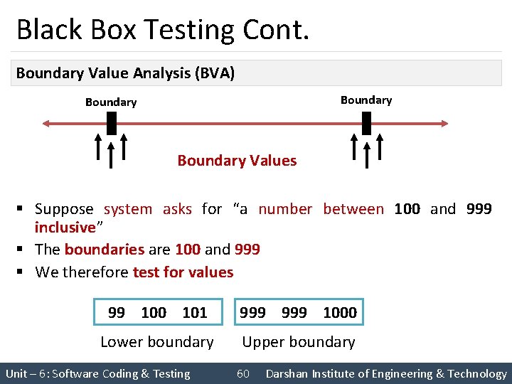 Black Box Testing Cont. Boundary Value Analysis (BVA) Boundary Values § Suppose system asks