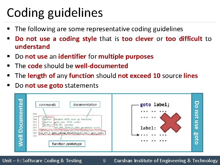 Coding guidelines Unit – 6: Software Coding & Testing Do not use goto Well