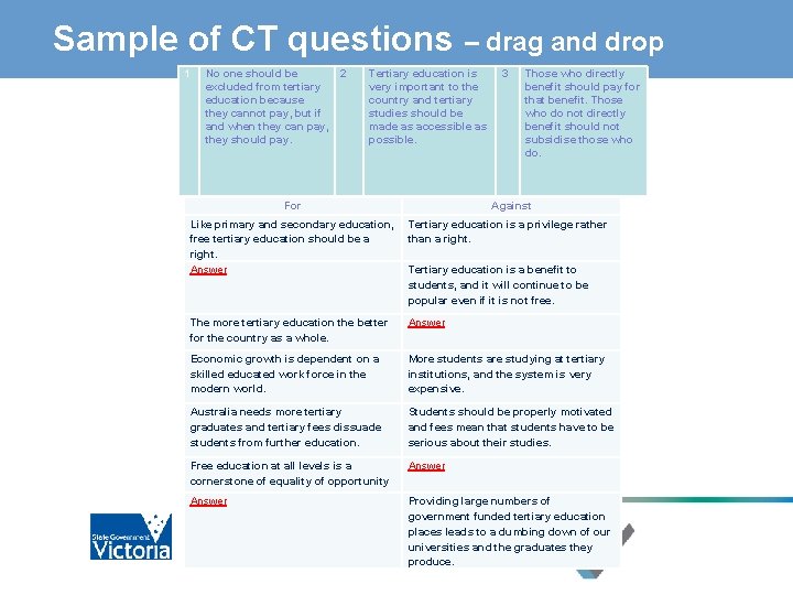 Sample of CT questions – drag and drop 1 No one should be 2