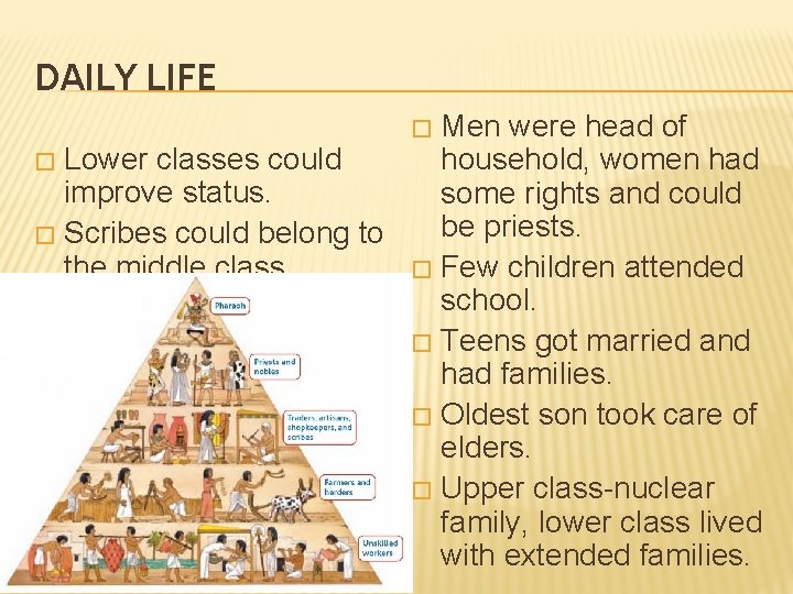 DAILY LIFE Men were head of � Lower classes could household, women had improve