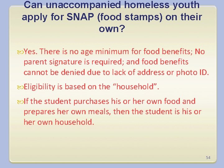 Can unaccompanied homeless youth apply for SNAP (food stamps) on their own? Yes. There