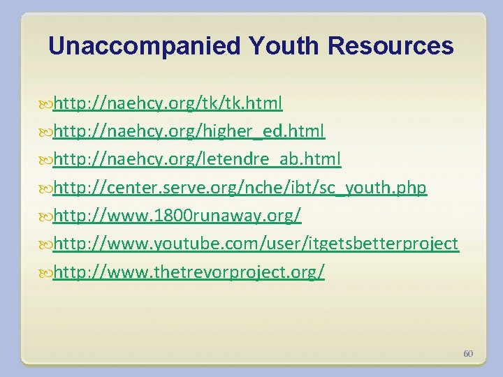 Unaccompanied Youth Resources http: //naehcy. org/tk/tk. html http: //naehcy. org/higher_ed. html http: //naehcy. org/letendre_ab.