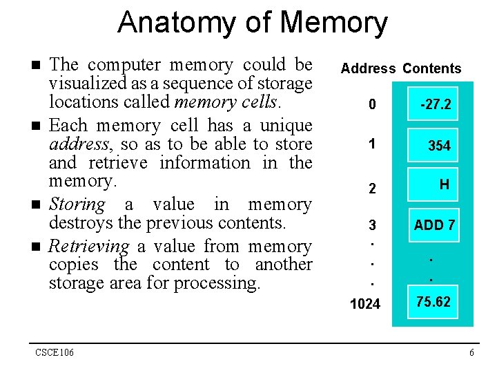 Anatomy of Memory n n The computer memory could be visualized as a sequence