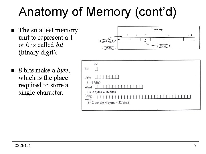 Anatomy of Memory (cont’d) n The smallest memory unit to represent a 1 or