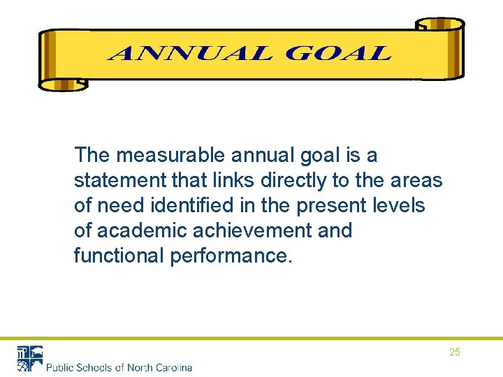 The measurable annual goal is a statement that links directly to the areas of The measurable annual goal is a statement that links directly to the areas of