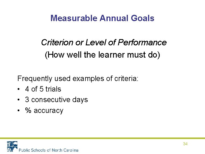 Measurable Annual Goals Criterion or Level of Performance (How well the learner must do) Measurable Annual Goals Criterion or Level of Performance (How well the learner must do)