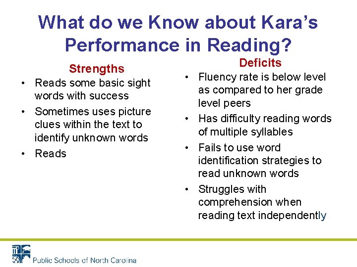 What do we Know about Kara’s Performance in Reading? Strengths • Reads some basic What do we Know about Kara’s Performance in Reading? Strengths • Reads some basic
