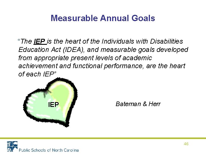 Measurable Annual Goals “The IEP is the heart of the Individuals with Disabilities Education Measurable Annual Goals “The IEP is the heart of the Individuals with Disabilities Education