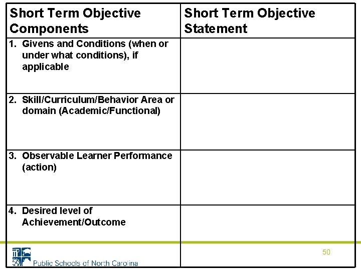 Short Term Objective Components Short Term Objective Statement 1. Givens and Conditions (when or Short Term Objective Components Short Term Objective Statement 1. Givens and Conditions (when or