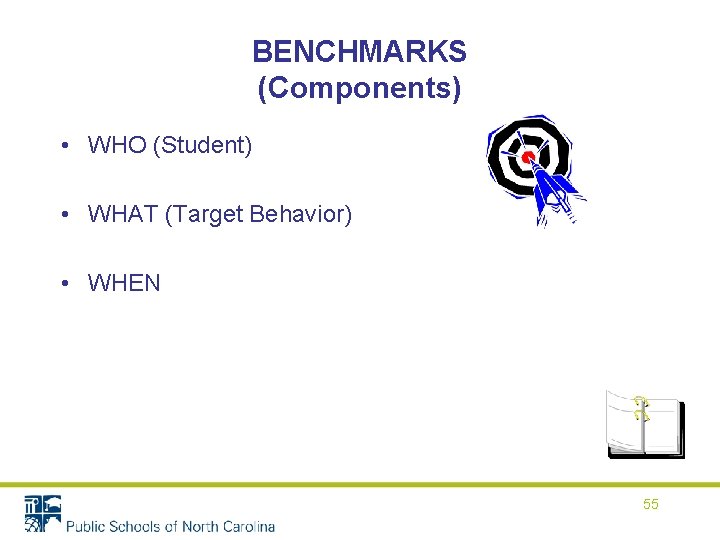 BENCHMARKS (Components) • WHO (Student) • WHAT (Target Behavior) • WHEN 55 BENCHMARKS (Components) • WHO (Student) • WHAT (Target Behavior) • WHEN 55
