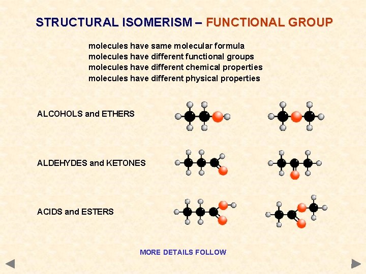STRUCTURAL ISOMERISM – FUNCTIONAL GROUP molecules have same molecular formula molecules have different functional STRUCTURAL ISOMERISM – FUNCTIONAL GROUP molecules have same molecular formula molecules have different functional