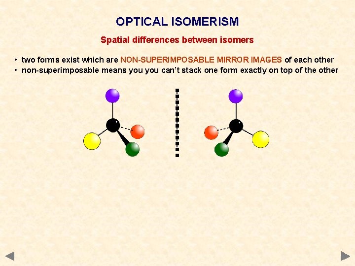 OPTICAL ISOMERISM Spatial differences between isomers • two forms exist which are NON-SUPERIMPOSABLE MIRROR OPTICAL ISOMERISM Spatial differences between isomers • two forms exist which are NON-SUPERIMPOSABLE MIRROR