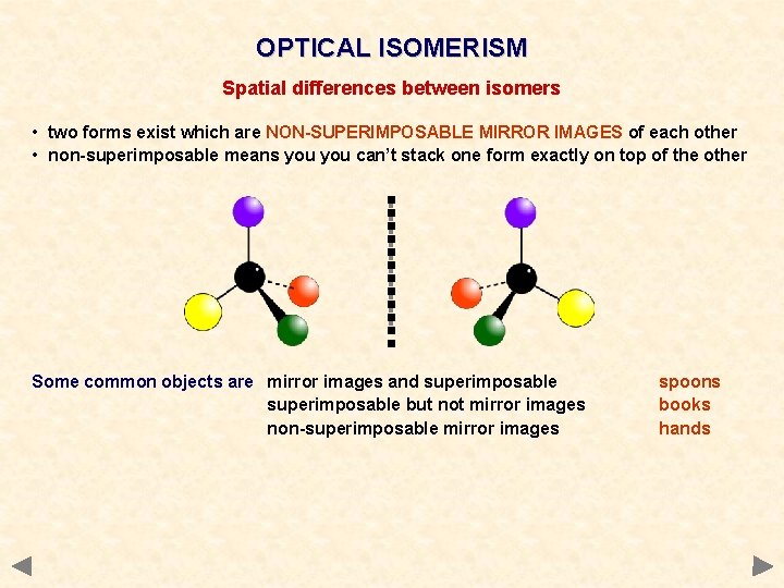 OPTICAL ISOMERISM Spatial differences between isomers • two forms exist which are NON-SUPERIMPOSABLE MIRROR OPTICAL ISOMERISM Spatial differences between isomers • two forms exist which are NON-SUPERIMPOSABLE MIRROR