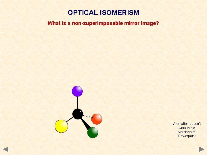 OPTICAL ISOMERISM What is a non-superimposable mirror image? Animation doesn’t work in old versions OPTICAL ISOMERISM What is a non-superimposable mirror image? Animation doesn’t work in old versions