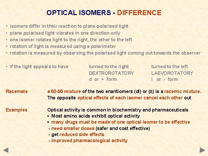 OPTICAL ISOMERS - DIFFERENCE • • • isomers differ in their reaction to plane-polarised OPTICAL ISOMERS - DIFFERENCE • • • isomers differ in their reaction to plane-polarised