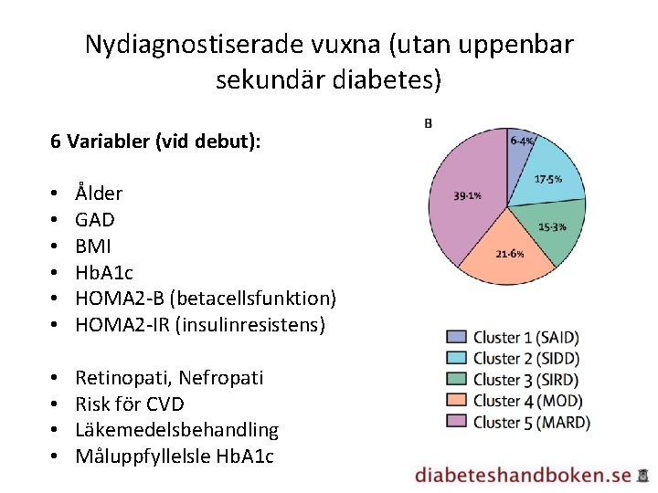 Nydiagnostiserade vuxna (utan uppenbar sekundär diabetes) 6 Variabler (vid debut): • • • Ålder