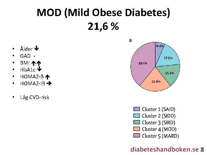 MOD (Mild Obese Diabetes) 21, 6 % • • • Ålder GAD BMI Hb.