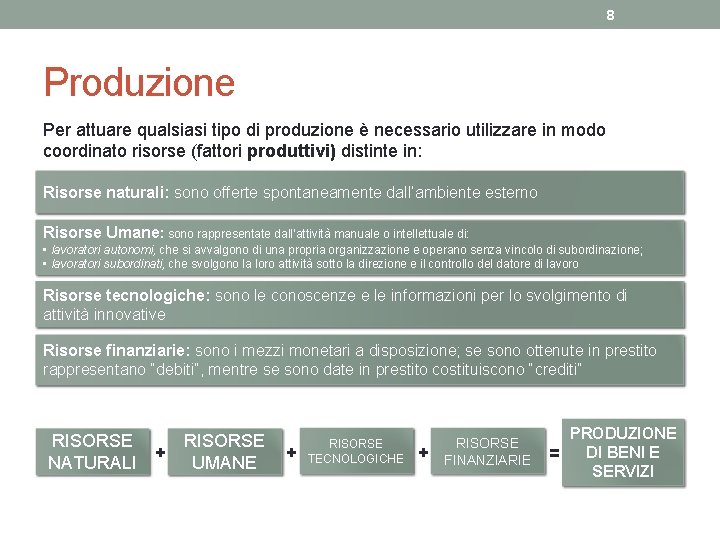 8 Produzione Per attuare qualsiasi tipo di produzione è necessario utilizzare in modo coordinato