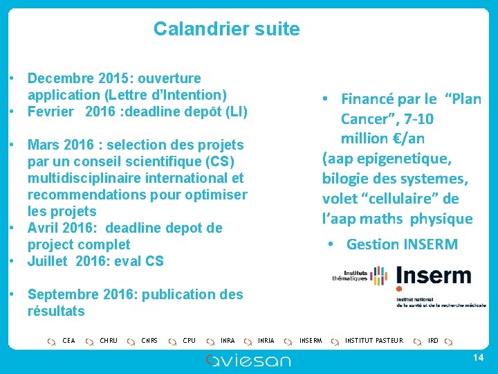 Calandrier suite • Decembre 2015: ouverture application (Lettre d’Intention) • Fevrier 2016 : deadline