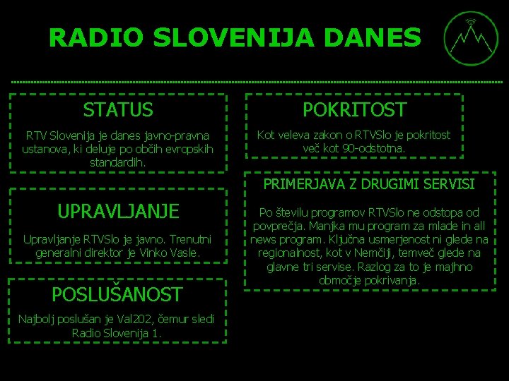 RADIO SLOVENIJA DANES STATUS POKRITOST RTV Slovenija je danes javno-pravna ustanova, ki deluje po