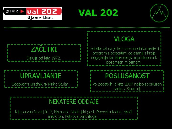 VAL 202 VLOGA ZAČETKI Deluje od leta 1972. Izoblikoval se je kot servisno informativni