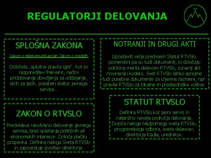 REGULATORJI DELOVANJA SPLOŠNA ZAKONA NOTRANJI IN DRUGI AKTI Zakon o telekomunikacijah Zakon o medijih